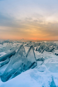 日落地平线带破冰面, 贝加尔湖俄罗斯冬季自然景观