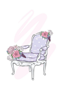 一把古董椅和花。老式家具。玫瑰和牡丹。复古和复古。矢量插图