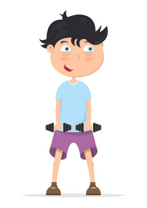 男孩举起重的哑铃, 孩子去运动, 举重, 矢量图像, 平面设计, 卡通人物