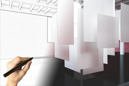 手绘当代展厅内有空横幅。设计和计划概念。模拟, 3d 渲染