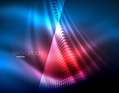 平滑的光效果, 直线上闪闪发光的霓虹灯暗背景。能源技术理念