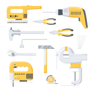 电力和机械力维修工人工具的集合。电动工具。手工具