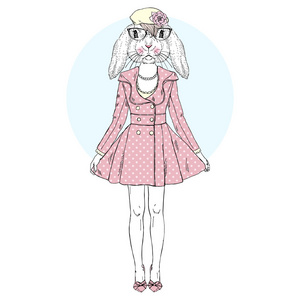 矢量图的卡通快乐兔可爱时髦兔女郎时尚动物插图野兔男孩时髦时尚兔