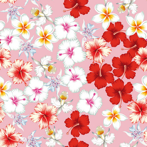 热带美丽的花朵芙蓉, 百合, 鸡蛋, 花式花纹无缝粉红色背景