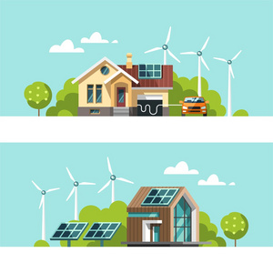 绿色能源生态友好房子太阳能，风能。向量的概念图