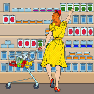 在超市购物车购物的女人.波普艺术矢量图照片