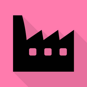 工厂标志图。与平面样式阴影路径在粉红色的背景上的黑色图标