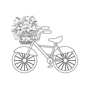 自行车与春天的花朵在白色的背景。矢量插图
