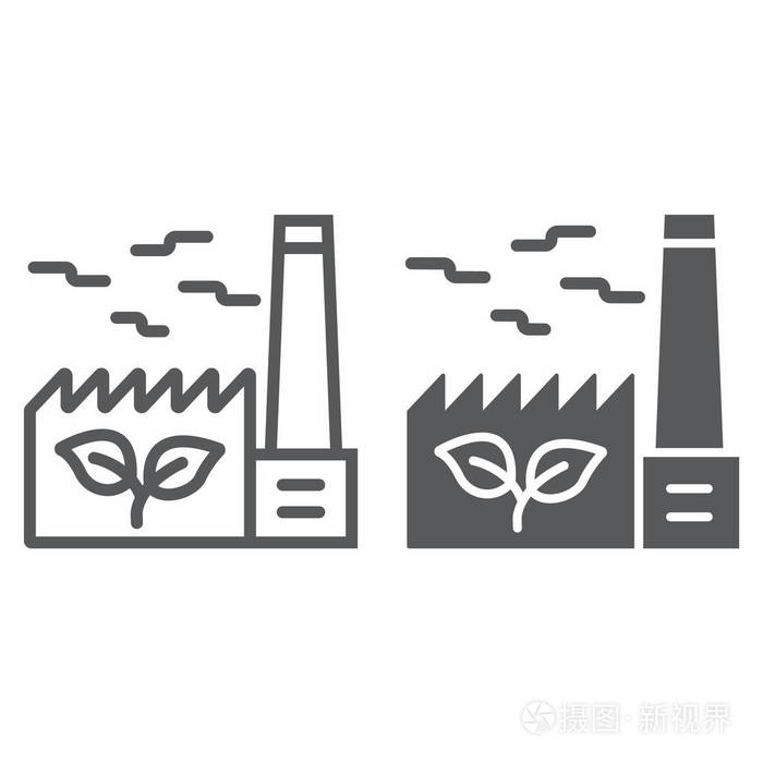 绿色工厂线和字形图标, 生态与能源, 绿色产业标志, 矢量图形, 白色背景的线性模式, eps 10