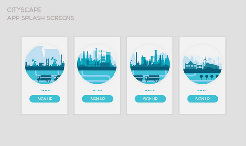 平面设计响应用户界面移动应用程序飞溅屏幕模板与时髦的城市景观插图。矢量插图