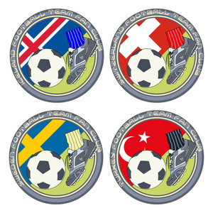 足球迷标志3。来自冰岛瑞士瑞典和土耳其队足球队球迷颜色标志的矢量插图