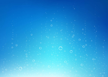 水下嘶空气, 水或氧气气泡在蓝色背景。海水中的气泡, 水族馆。汽酒.具有阳光照射的海底矢量纹理