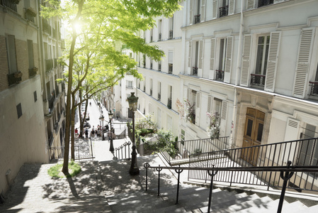 早上蒙马特楼梯在巴黎，法国