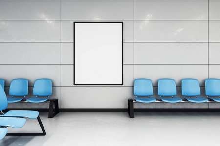 样机白色海报在墙上的现代候诊大厅与蓝色对齐椅。3d 渲染