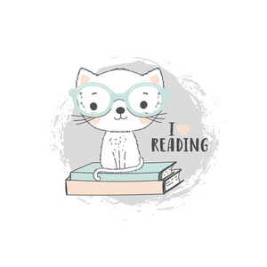 我爱学习主题画我喜欢阅读背景与一只可爱的小猫在眼镜坐在书上.