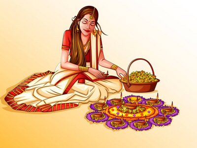 印度妇女做 rangoli 为印度的节日像 Onam, 排灯节, Pongal