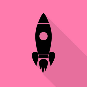 火箭标志图。与平面样式阴影路径在粉红色的背景上的黑色图标
