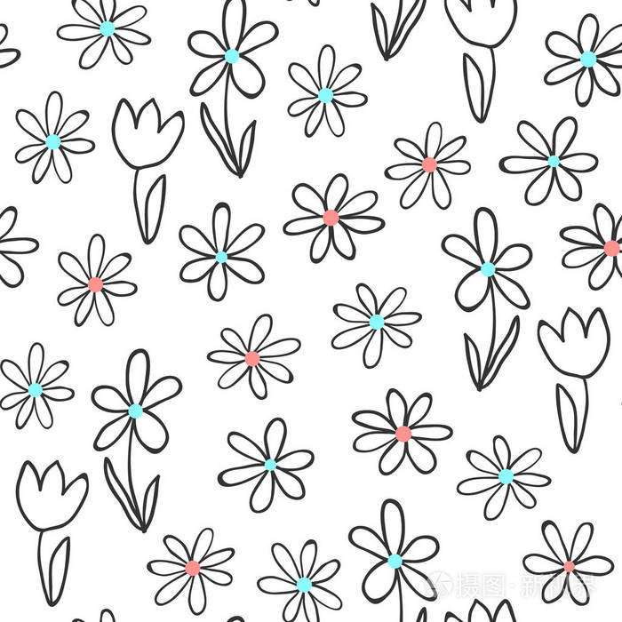 无缝图案与手绘小花白色背景.简单的花矢量背景