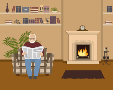 老人坐在扶手椅上看报。米色客厅与壁炉。房间里还有书架, 里面有书籍和家居装饰, 还有壁炉钟和大花。矢量插图