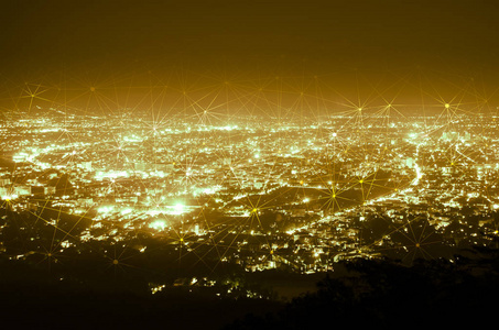 抽象网络网线连接在夜城市背景, 金子口气