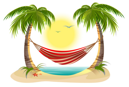 海滩度假。棵棕榈树之间的吊床