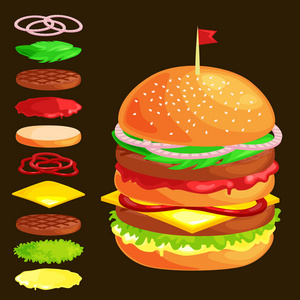 汉堡烤牛肉蔬菜套穿用酱包零食，汉堡包快餐餐菜单烧烤肉与详细个人飞片菜单成分 vecor 图背景