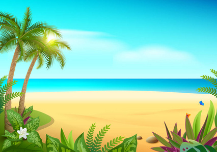 热带天堂岛沙质海滩 棕榈树和海