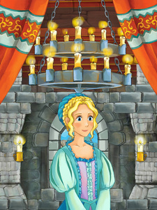 卡通场面与王子在中世纪城堡房间例证为孩子