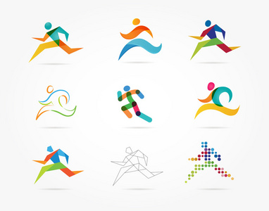 跑马拉松，人运行，彩色的图标，设置