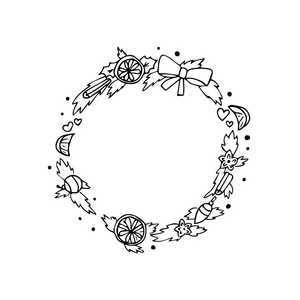 手工绘制的圣诞元素排列在一个圆圈, 蝴蝶结, 圣诞树, 槲寄生, 装饰品和橘子。黑白, 单色草绘矢量插图