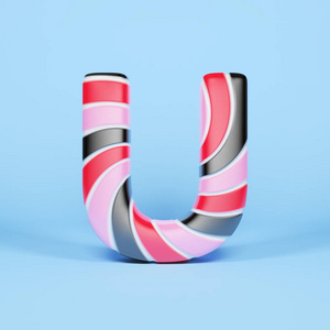 字母 U 大写。圣诞字体由粉红色, 红色和黑色条纹棒糖。3d 渲染蓝色背景