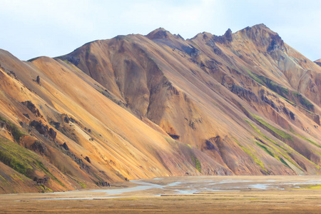 著名的冰岛最受欢迎旅游目的地和冰岛的高地 Landmannalaugar 五彩山徒步旅行枢纽景观视图，南冰岛