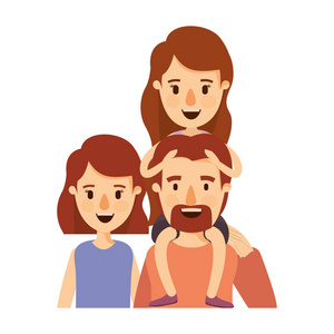 五颜六色的漫画半身大家庭父母与他背上的女孩照片