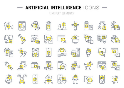 一套矢量线图标和标志与黄色方块人工智能的优秀概念。图表徽标和象形图的集合