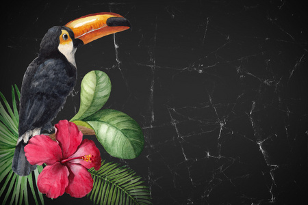 热带花卉和一只鸟的插图