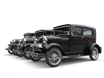 三个美丽 20 世纪 20 年代的老式汽车视角射击3d 渲染