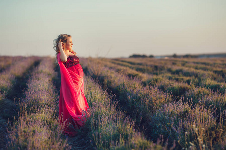 美丽的孕妇放松在薰衣草田野看日落。开花领域的金发女郎