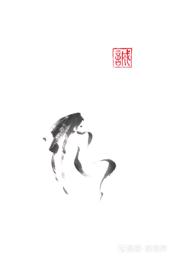 女孩欣赏月亮简约日本风格原发墨-e 水墨画