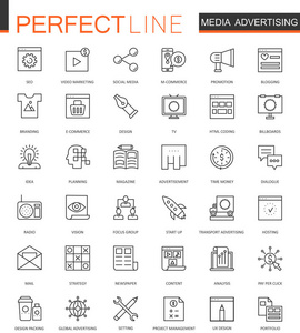 媒体广告细线 web 图标集。轮廓描边的图标设计