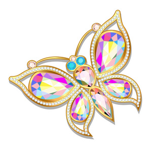 美丽的钻石蝴蝶在宝石的首饰金蝴蝶.美丽的装饰.隔离的对象照片