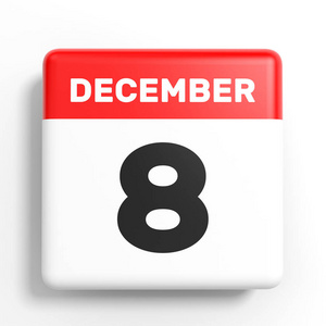 12 月 8 日。白色背景上的日历