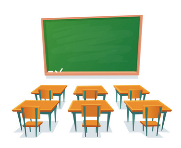 学校的黑板和课桌。空黑板, 教室木桌和椅子独立卡通矢量插图