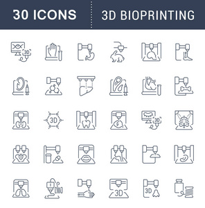 一套矢量线图标, 符号和符号3d 生物打印的现代概念, 网络和应用。图表元素徽标和象形图的集合