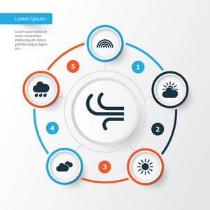 气象图标设置。孙云 微风 太阳和其他元素的集合。此外包括符号，如乌云密布下, 着雨，下降