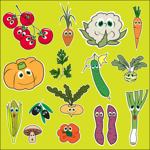 组的蔬菜用眼睛。在平风格矢量孤立的可爱涂鸦蔬菜