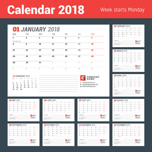 2017 年的日历模板。商务策划师。文具设计。周从星期一开始。在页面上的 2 个月。矢量图