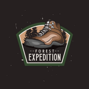 森林探险复古多彩的标识徒步旅行鞋, 老式徽章
