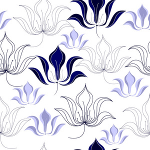与蓝色的花朵，白色背景上的无缝模式。手绘花卉纹理