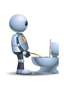 一个快乐的机器人小机器人小便在独立的白色背景厕所的例证