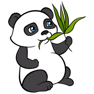 卡通为孩子们编织动物。 小可爱的熊猫吃树叶，
